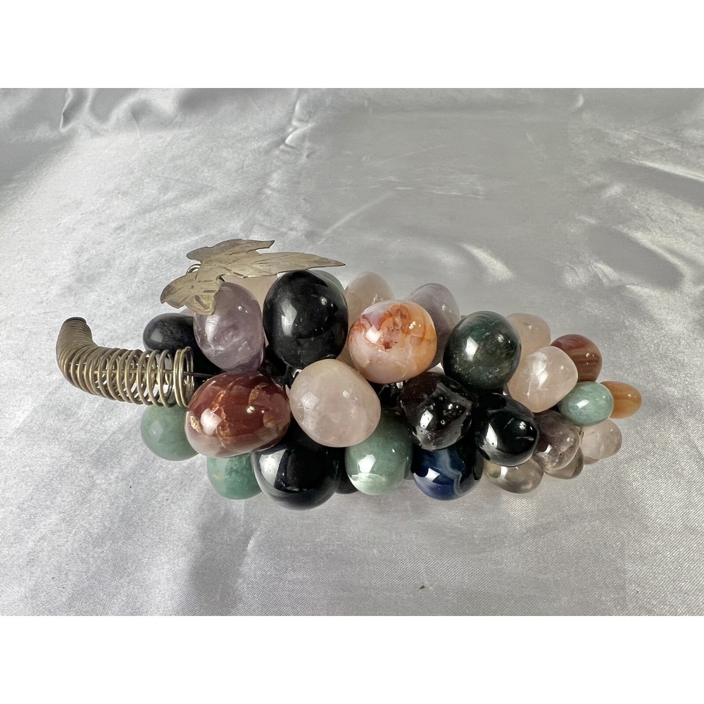 Vintage Polished Semi-Precious MultiColor Stones Grape Cluster metal Leaf 6"